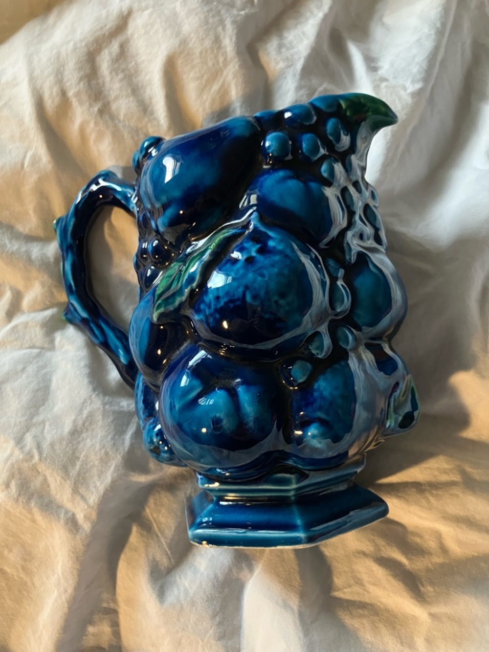 Vintage Inarco Indigo Blue Fruit grapes Embossed Pitcher Vase Retro 6 1/2 inch